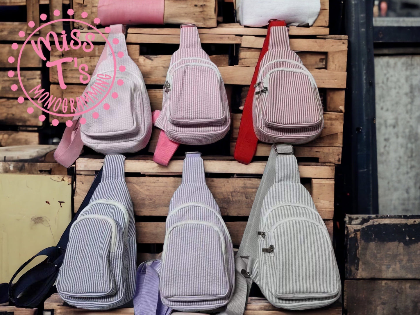 SEER SUCKER MONOGRAMMED CROSSBODY PURSES