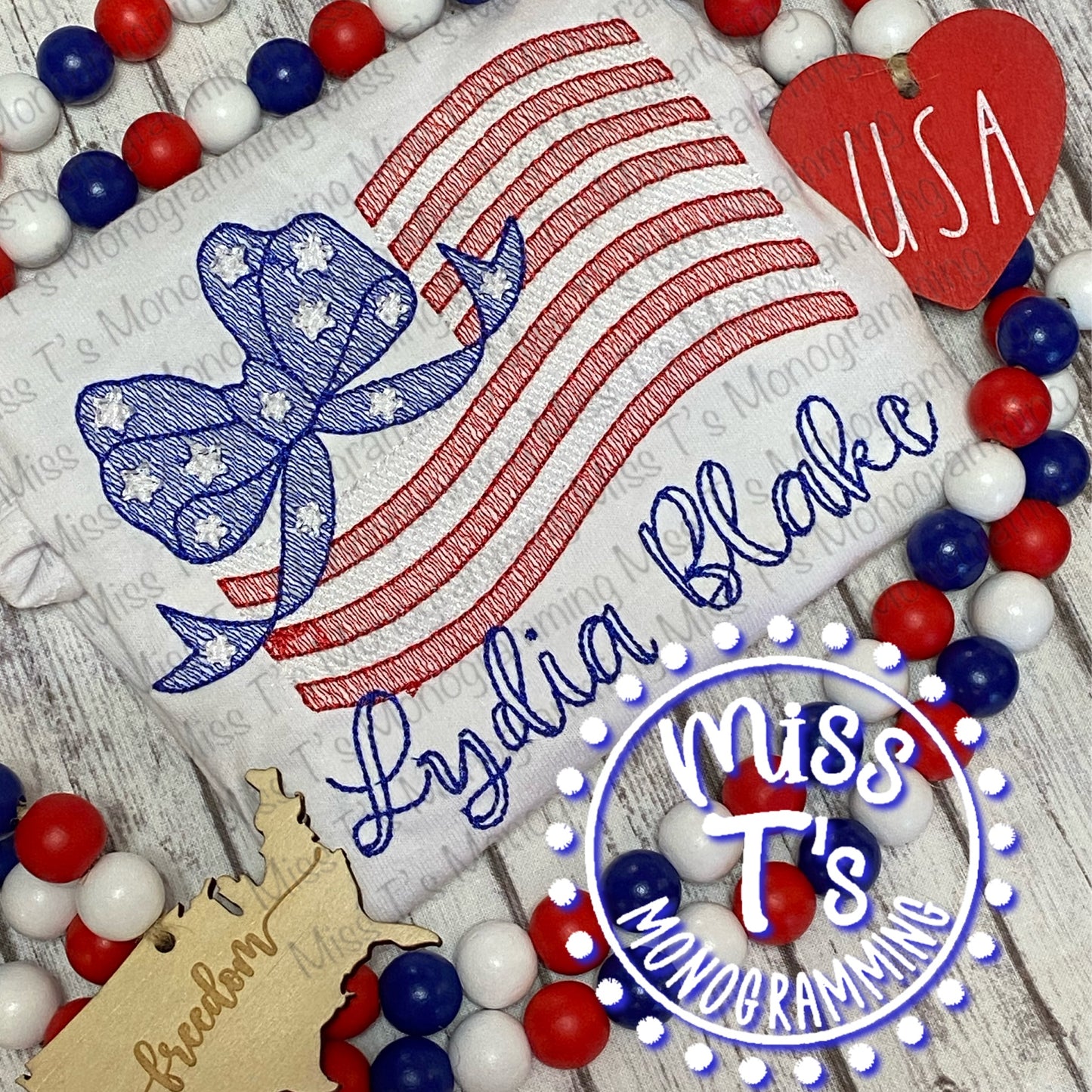 PATRIOTIC FLAG AND BOW WITH CUSTOM NAME TODDLER & YOUTH TEE'S