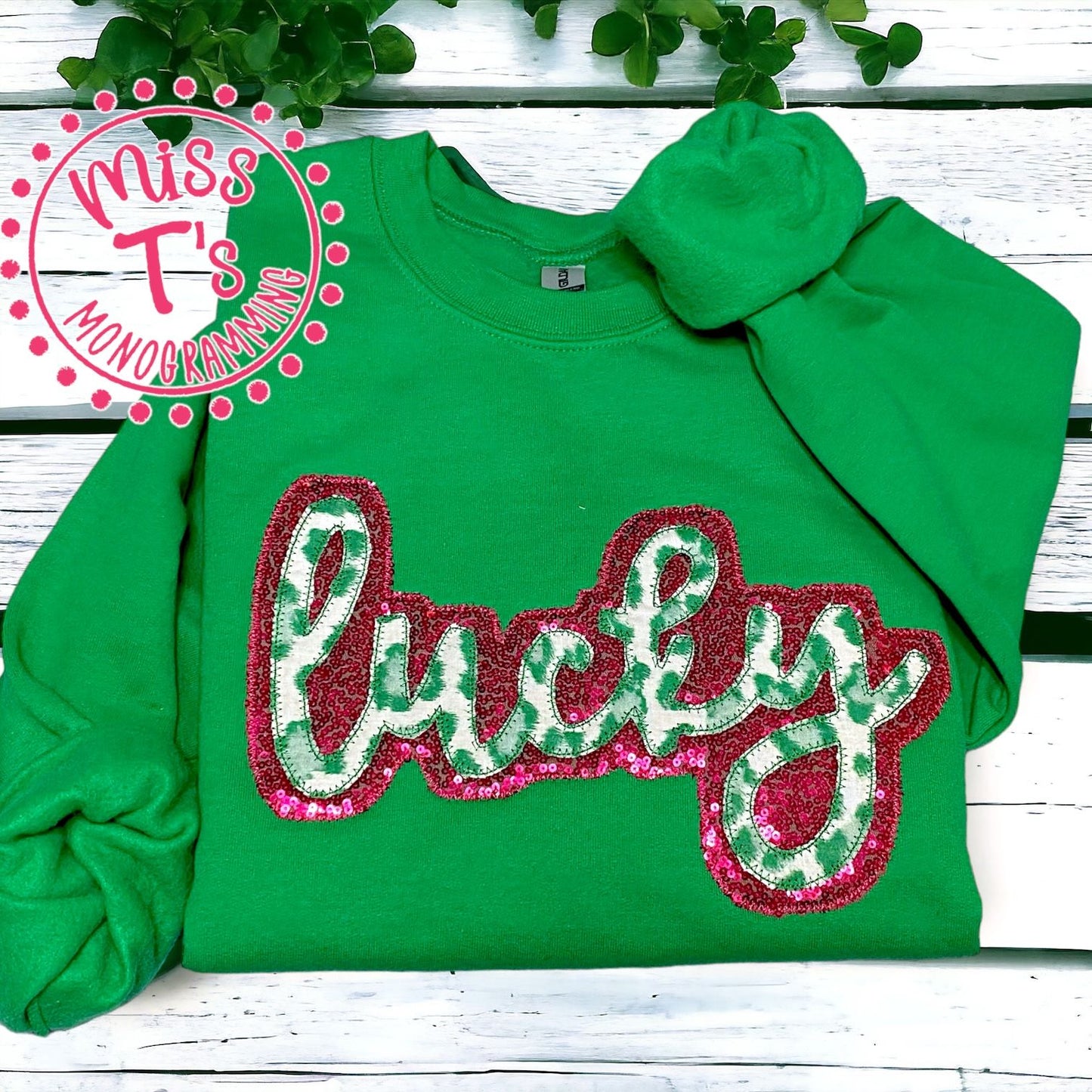 LUCKY SEQUIN AND LEOPARD DOUBLE APPLIQUE SWEATSHIRT