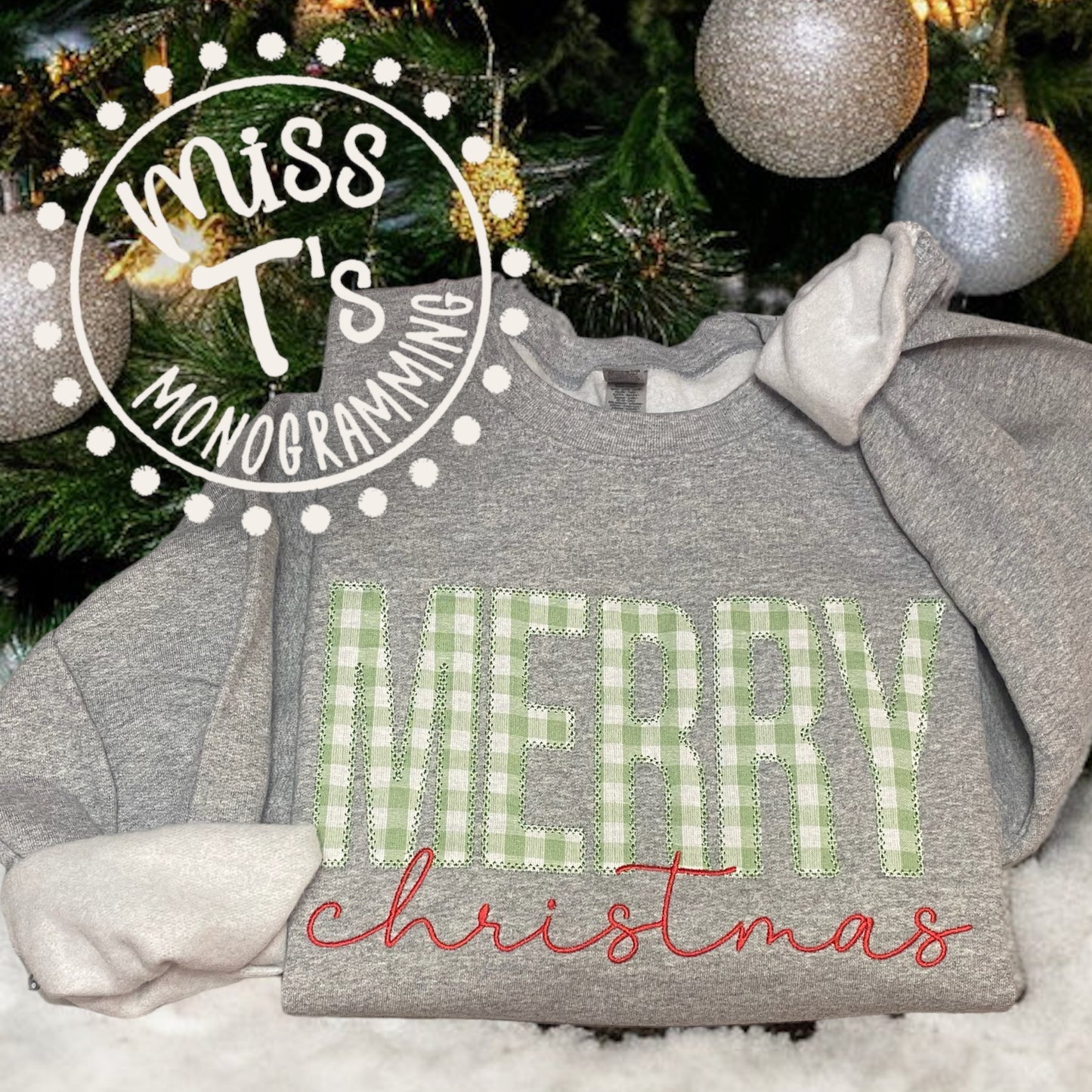 MERRY CHRISTMAS PLAID APPLIQUE SWEATSHIRT