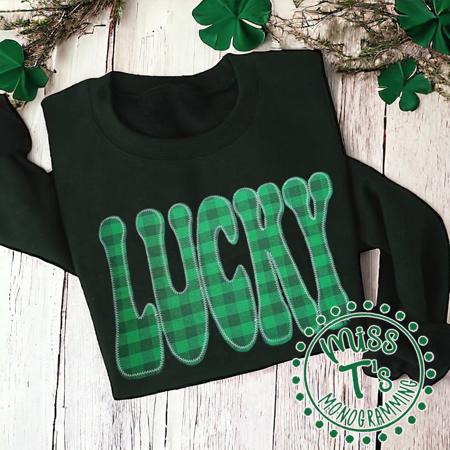 LUCKY GREEN GINGHAM GROOVY APPLIQUE SWEATSHIRT