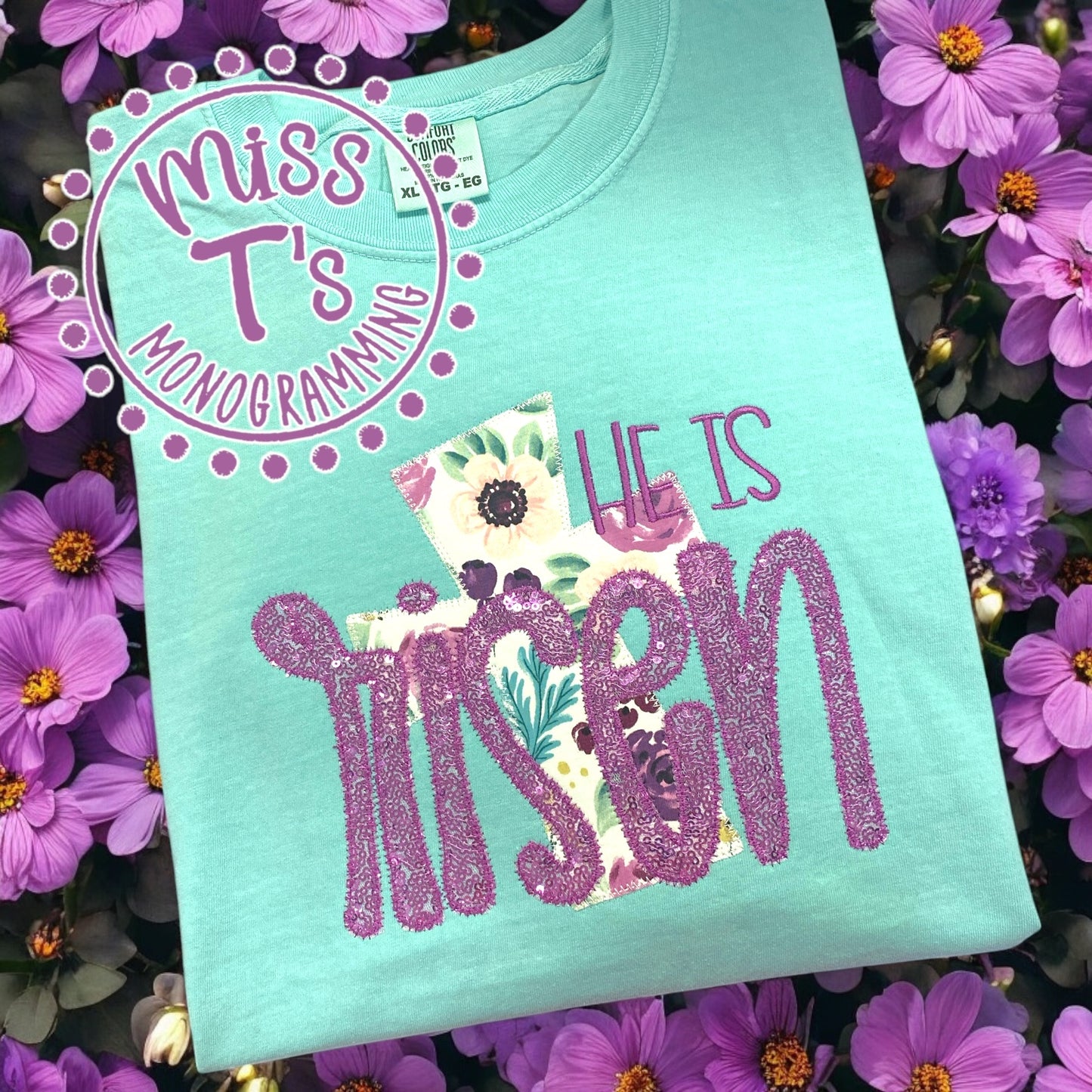 HE IS RISEN SEQUIN APPLIQUE TEE