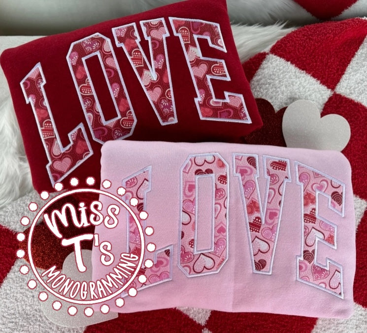 HEARTS GONE WILD LOVE VARSITY BLOCK APPLIQUE SWEATSHIRT