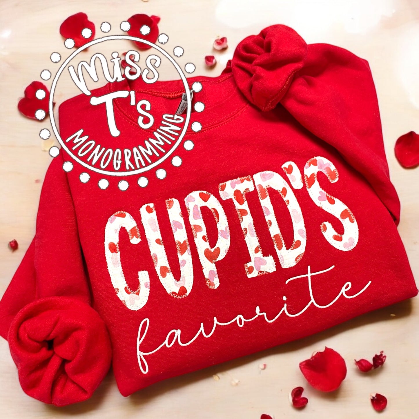 CUPID'S FAVORITE MULTI HEART APPLIQUED SWEATSHIRT