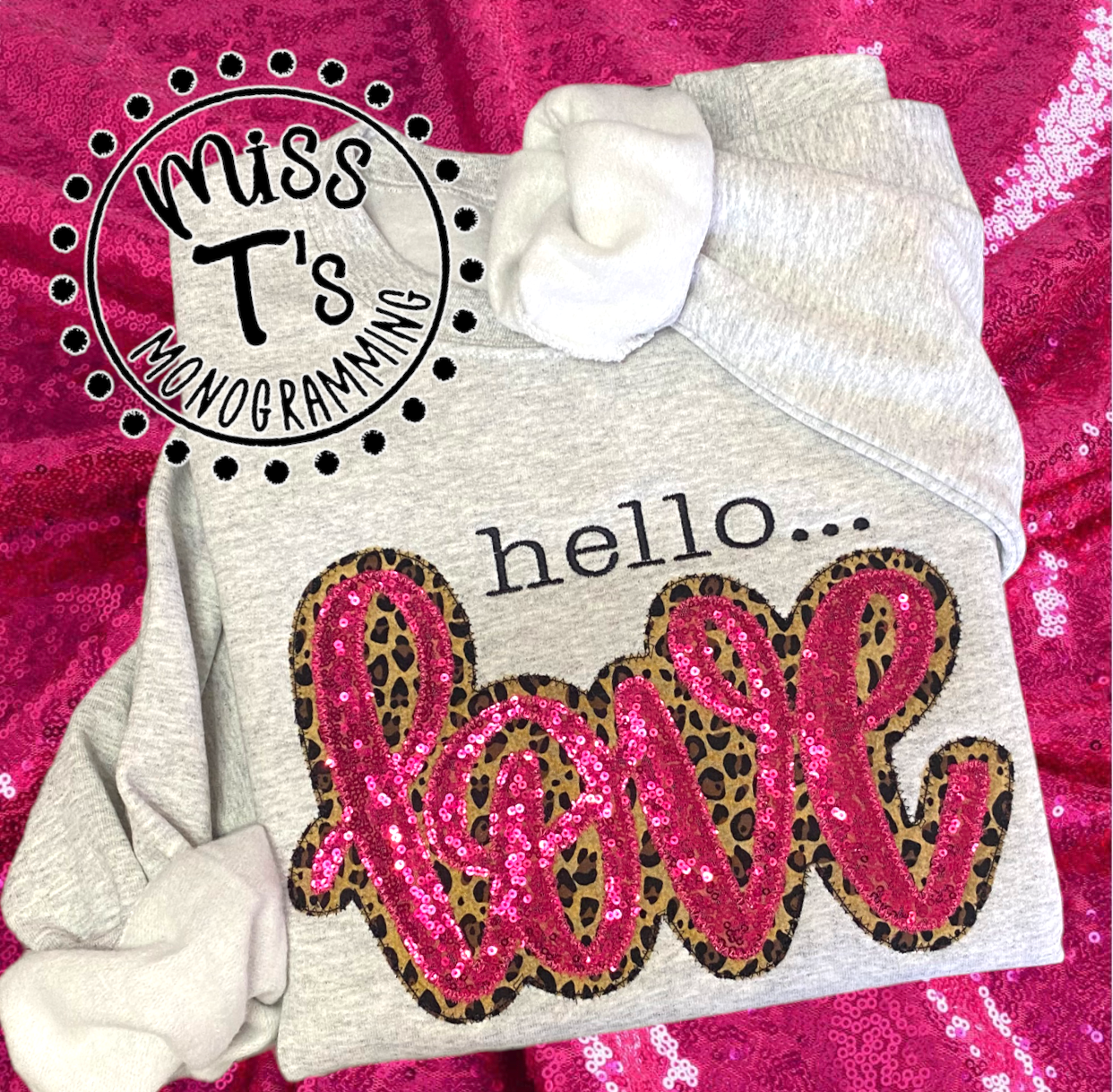 HELLO LOVE DOUBLE EMBROIDERED LEOPARD & SEQUIN FABRICS SWEATSHIRT
