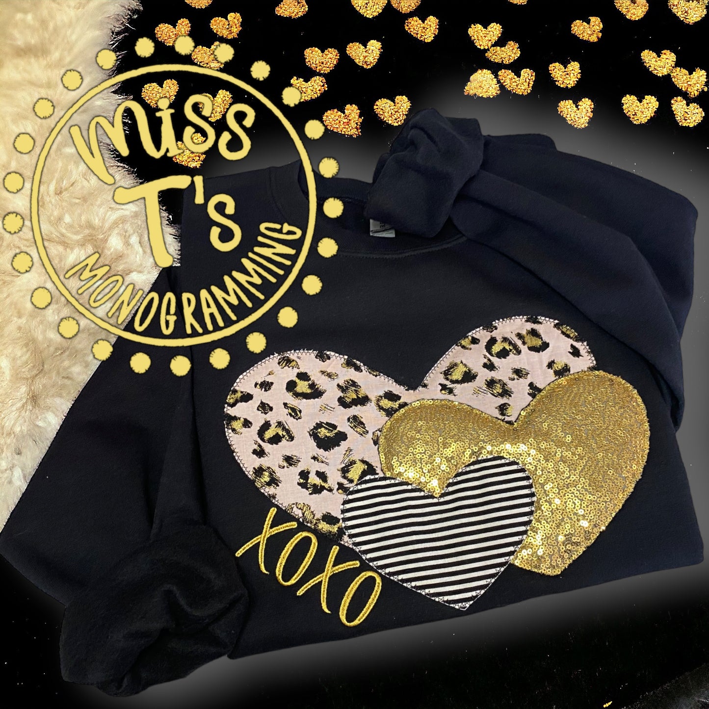 TRIPLE HEART XOXO LEOPARD APPLIQUED SWEATSHIRT