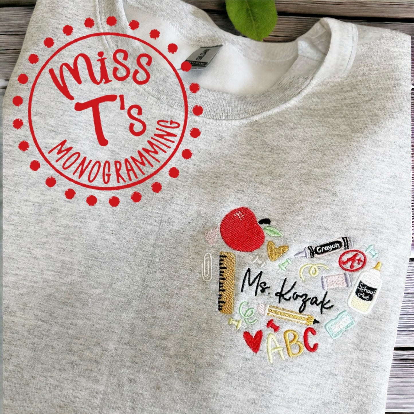 EMBROIDERED HEART SCHOOL SUPPLIES WITH CUSTOM TEACHERS NAME SWEATSHIRT