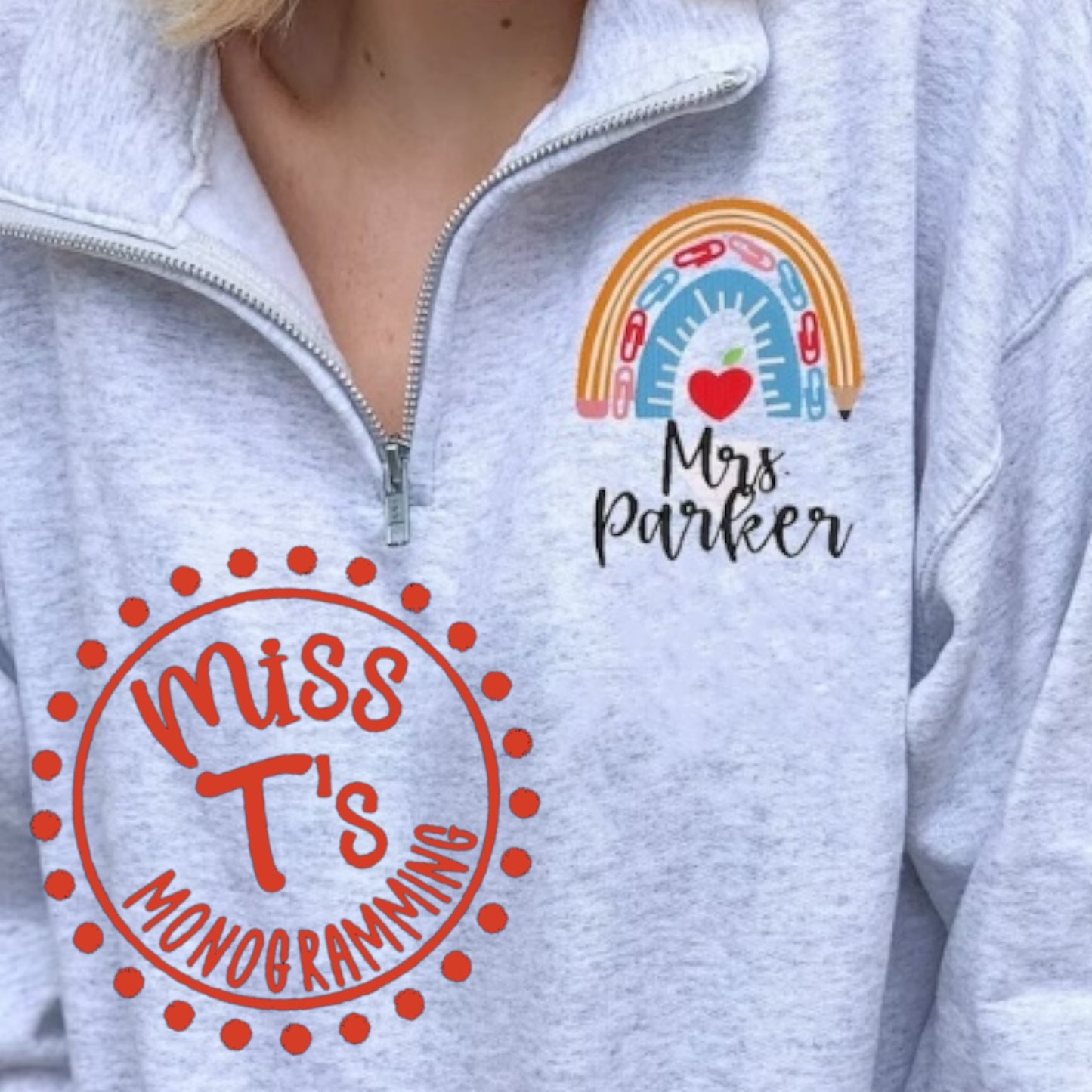 RAINBOW SCHOOL SUPPLY WITH CUSTOM TEACHER NAME QUARTER ZIP PULLOVER