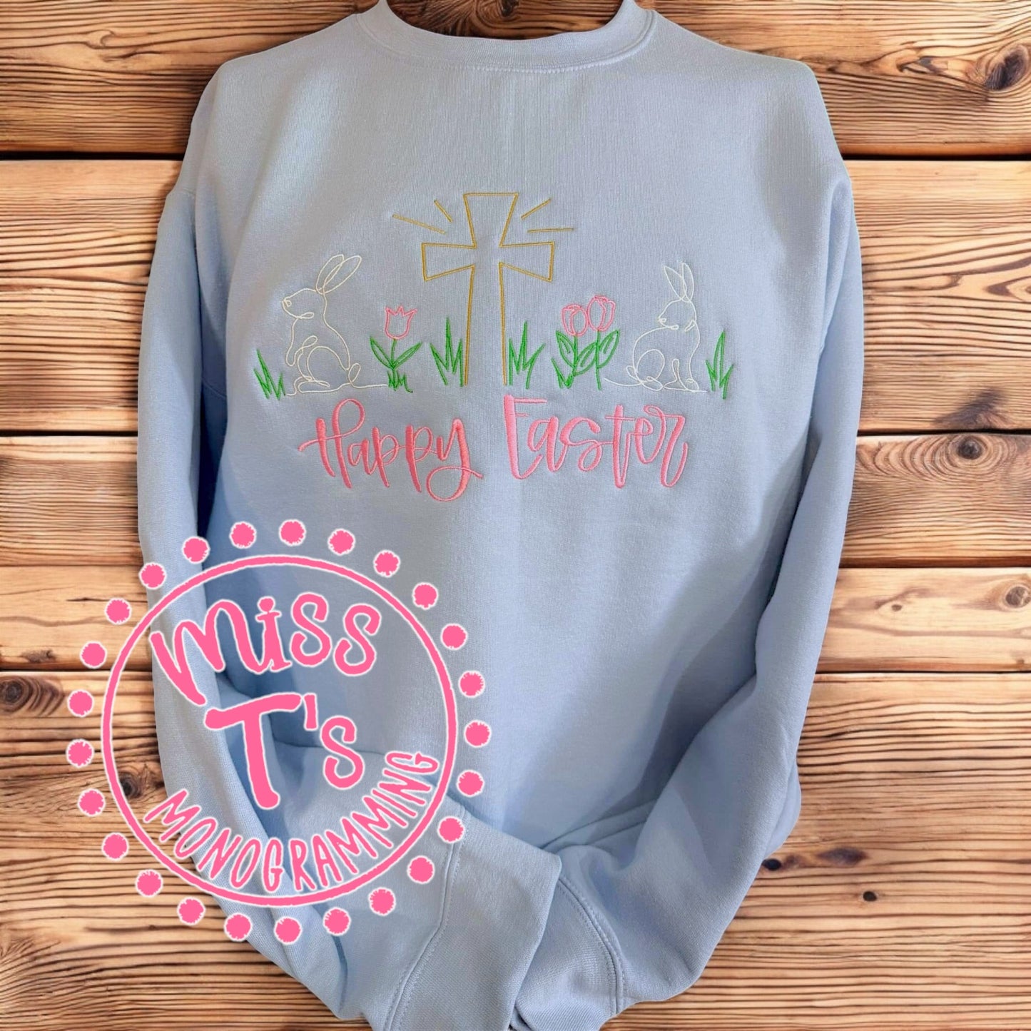 HAPPY EASTER CROSS AND BUNNY EMBROIDERED SWEATSHIRT