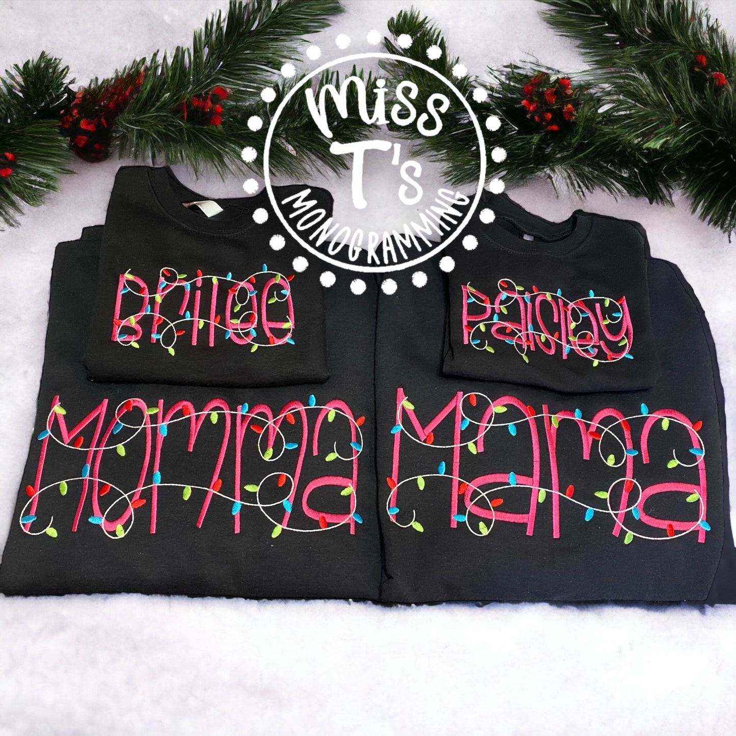 CHRISTMAS LIGHTS CUSTOM NAME EMBROIDERED SWEATSHIRTS