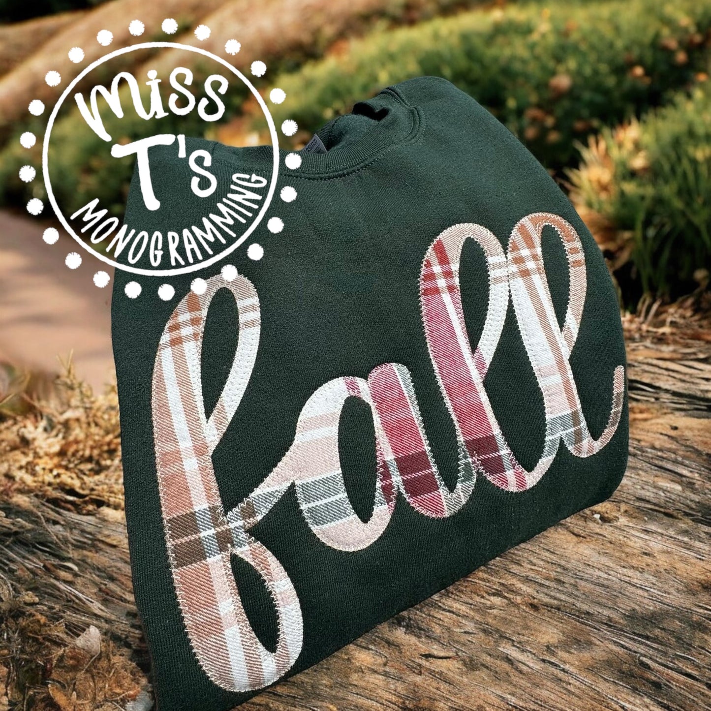 FALL CURSIVE PLAID APPLIQUE SWEATSHIRT OR LONGSLEEVE TEE