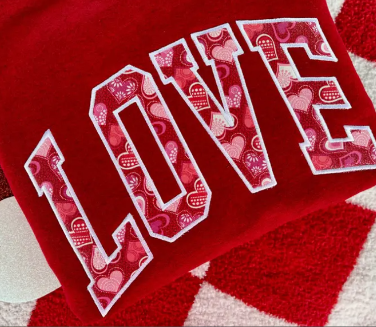 HEARTS GONE WILD LOVE VARSITY BLOCK APPLIQUE SWEATSHIRT