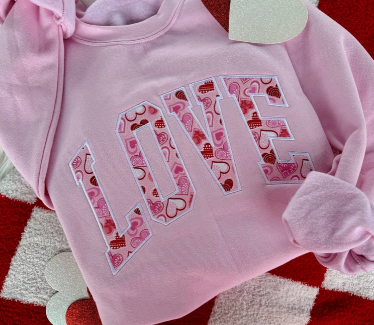 HEARTS GONE WILD LOVE VARSITY BLOCK APPLIQUE SWEATSHIRT