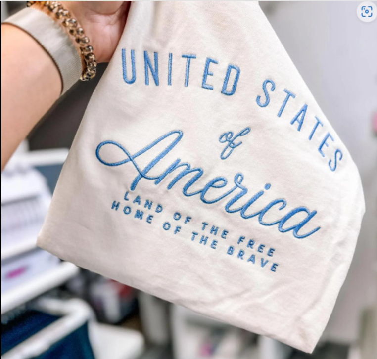 USA LAND OF THE FREE HOME OF THE BRAVE EMBROIDERED TEE