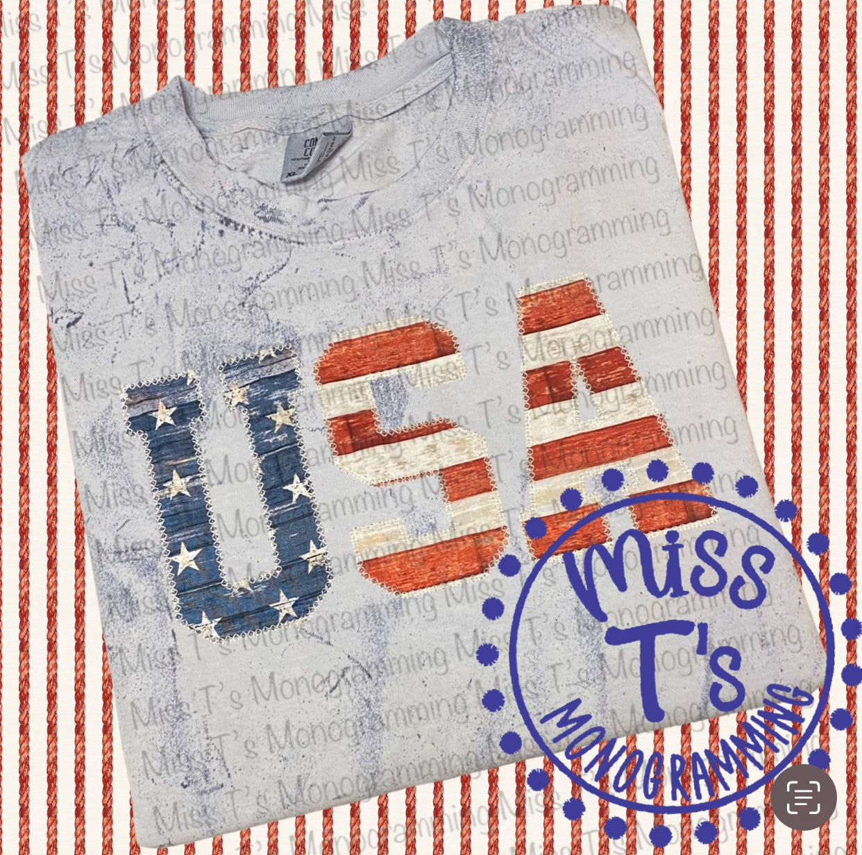 USA STARS AND STRIPES VARSITY APPLIQUE COLORBLAST TSHIRT