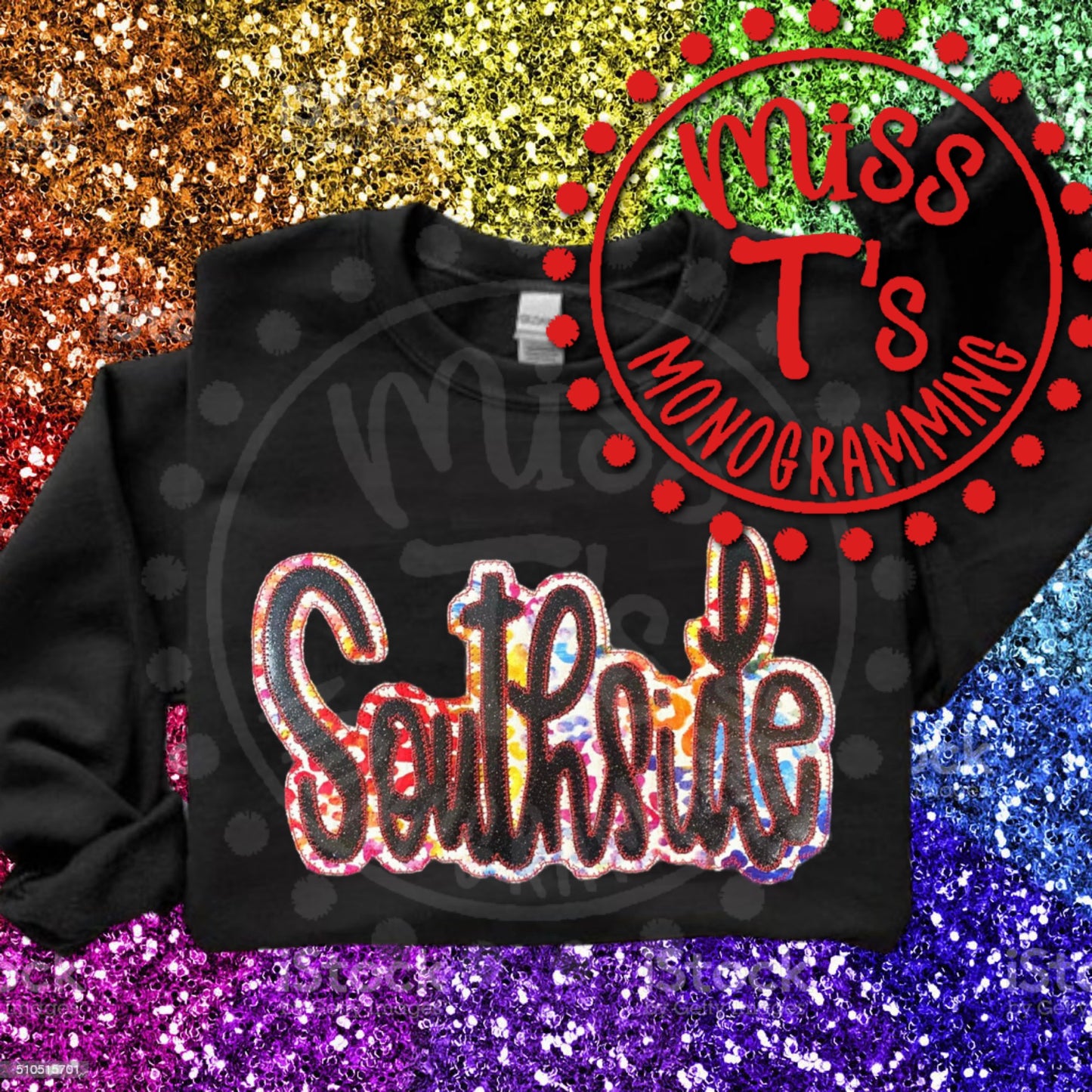 SOUTHSIDE TEAM SPIRIT HAND LETTERED DOUBLE APPLIQUE SWEATSHIRTS MULTI COLORED LEOPARD