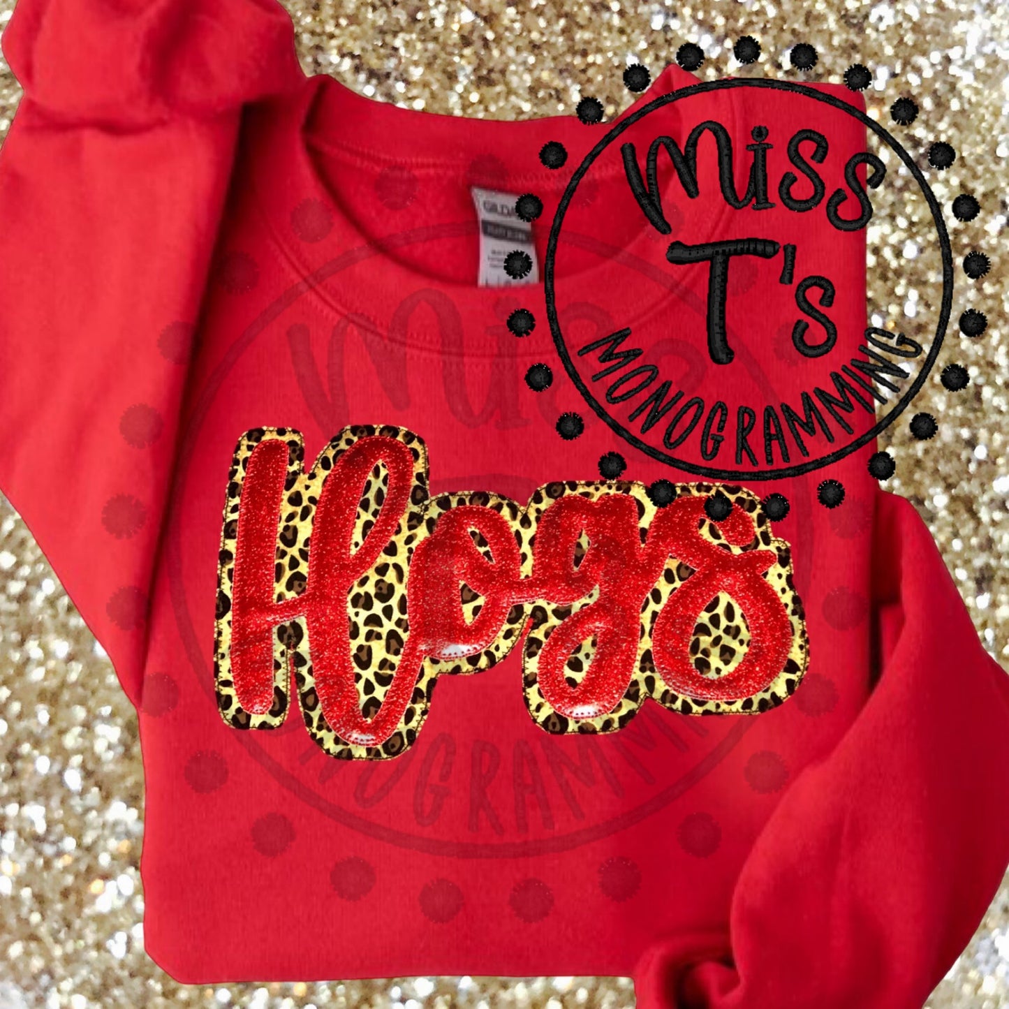 HOGS TEAM SPIRIT HAND LETTERED DOUBLE APPLIQUE SWEATSHIRTS