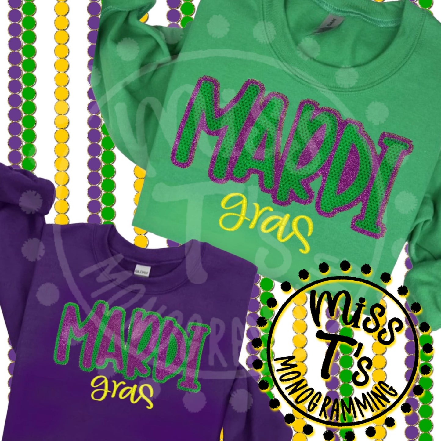 MARDI GRAS DOUBLE STACK APPLIQUE EMBROIDERED SWEATSHIRT