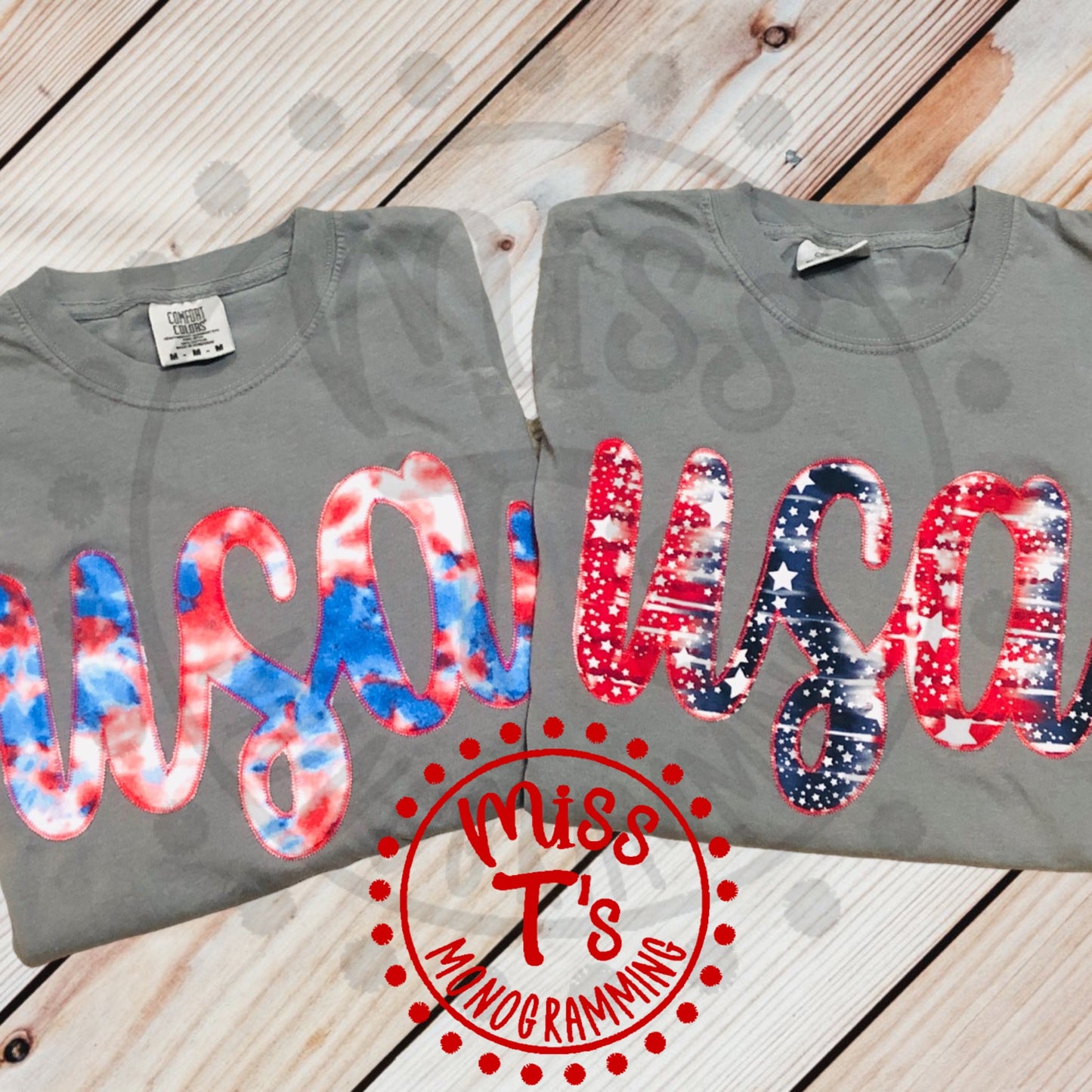 USA SCRIPT APPLIQUE TSHIRT **CHOOSE YOUR OWN FABRIC**