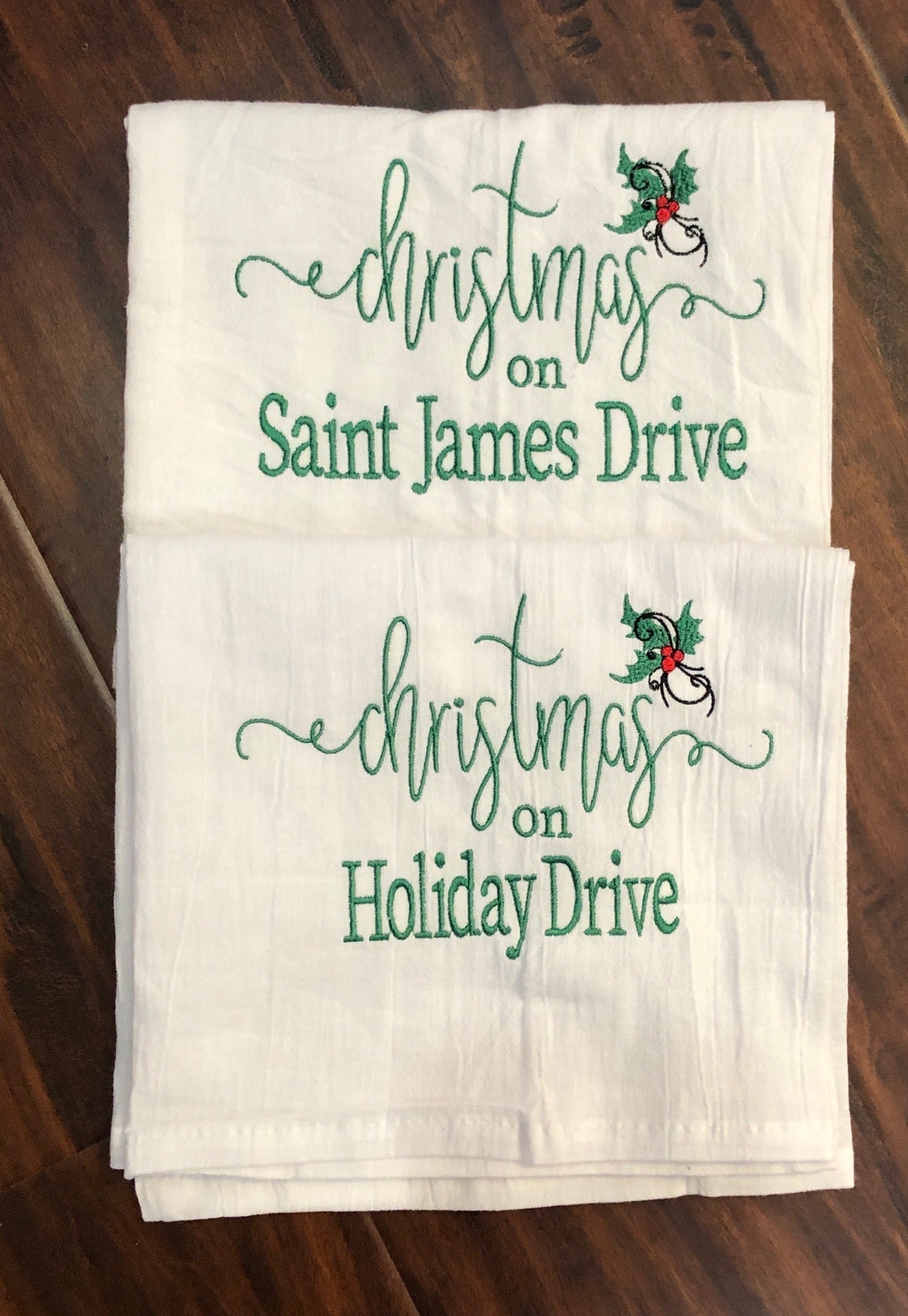 CHRISTMAS TEA TOWELS WITH STREET NAME OR FAMILY NAME