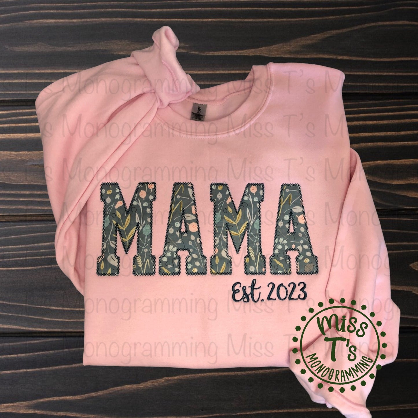 MAMA EST PINK FLORAL APPLIQUE SWEATSHIRT- FABRIC #31