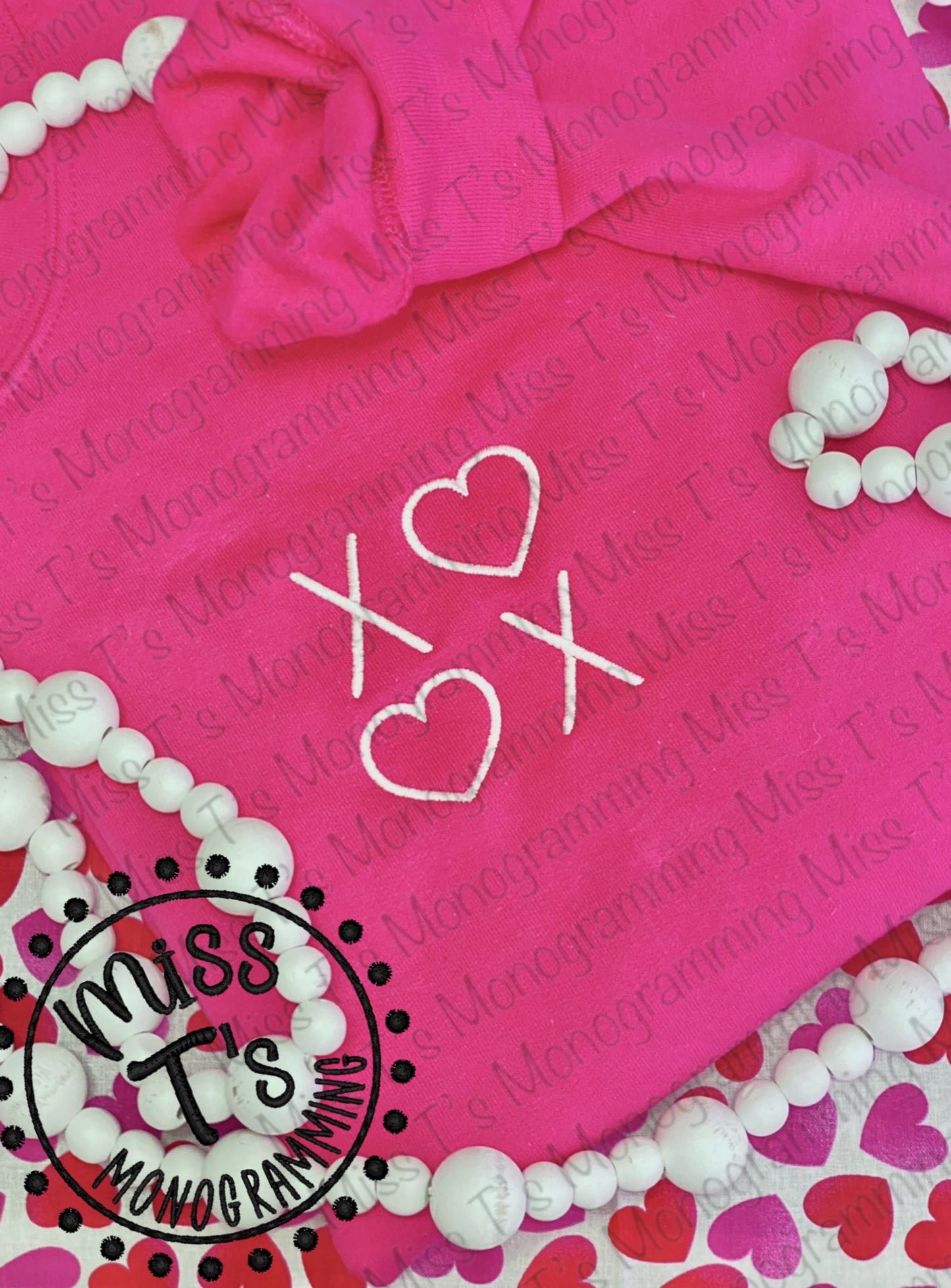 XOXO WITH HEARTS POCKET SIZE EMBROIDERED SWEATSHIRT