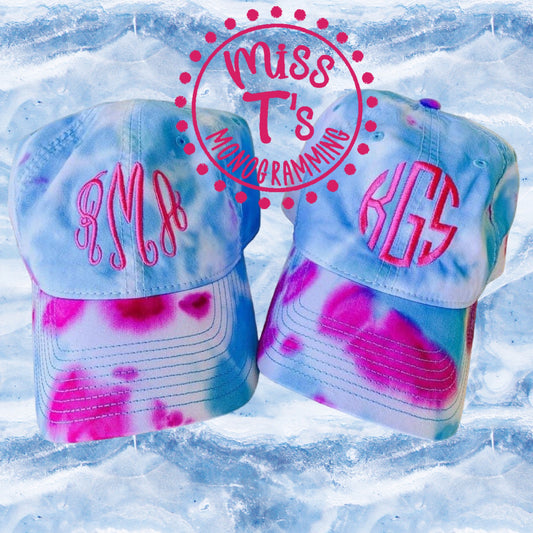 PINK AND BLUE TIE DYE MONOGRAMMED HAT
