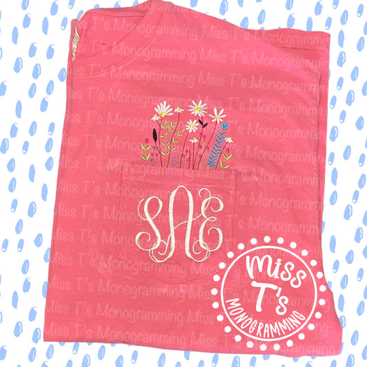 WILD FLOWERS WITH MONOGRAM POCKET EMBROIDERED COMFORT COLOR TEE