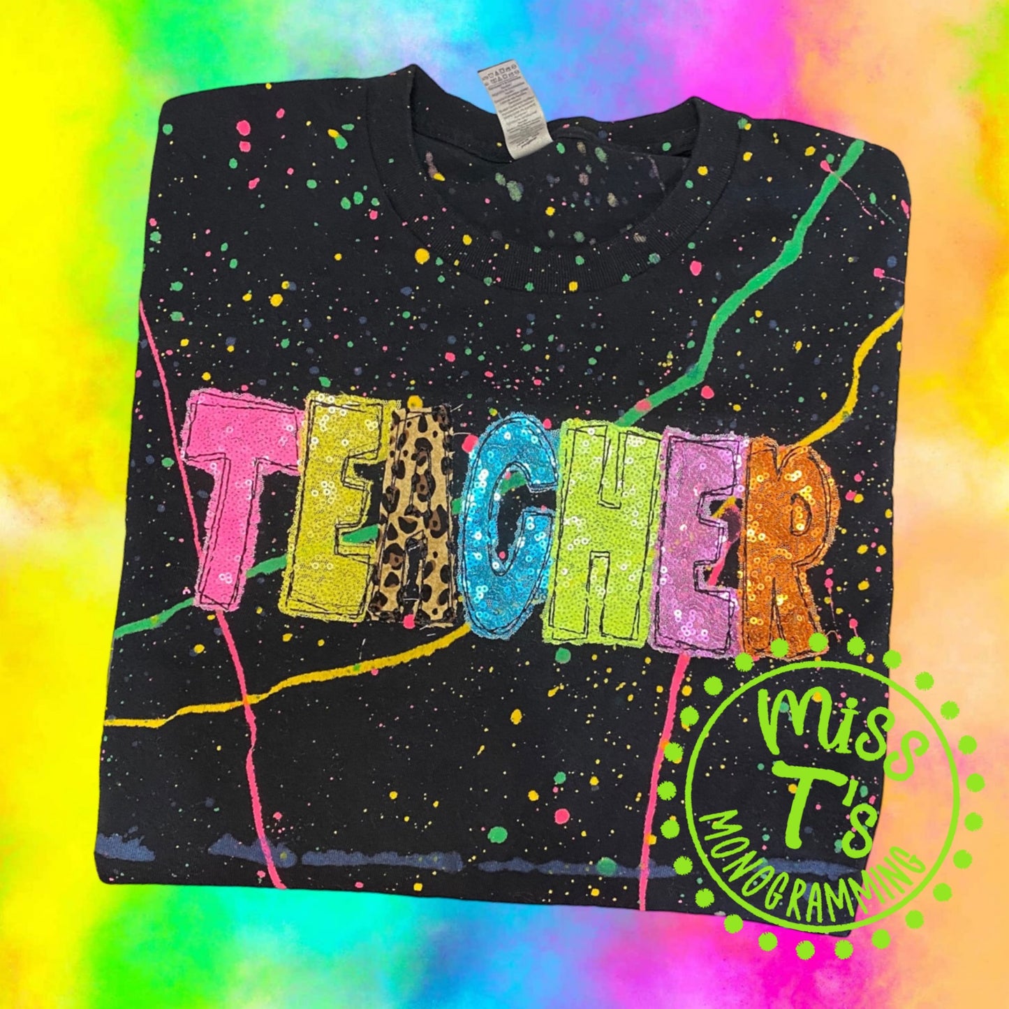 NEON SEQUIN CUSTOM NAME SPLATTER TEE