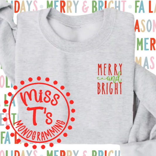MERRY AND BRIGHT SIMPLE AND SWEET EMBROIDERED HOLIDAY SWEATSHIRT