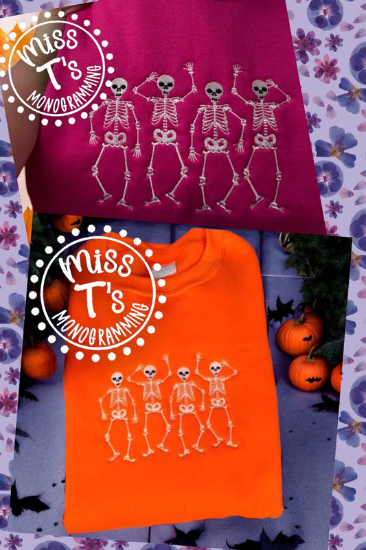 DANCING PINK OR ORANGE SKELETON HALLOWEEN EMBROIDERED SWEATSHIRT