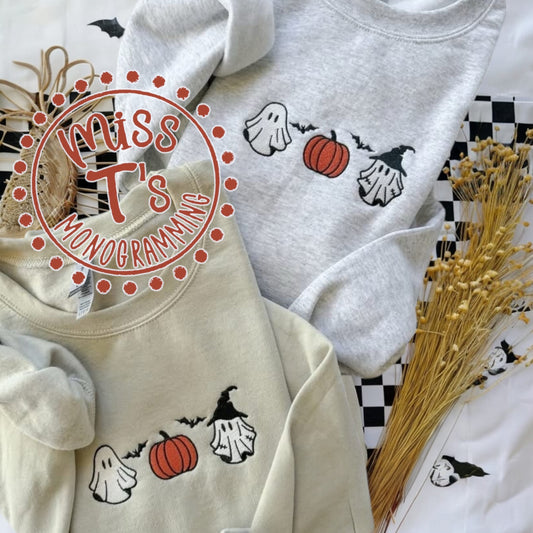 GHOST & PUMPKIN TRIO EMBROIDERED SWEATSHIRT