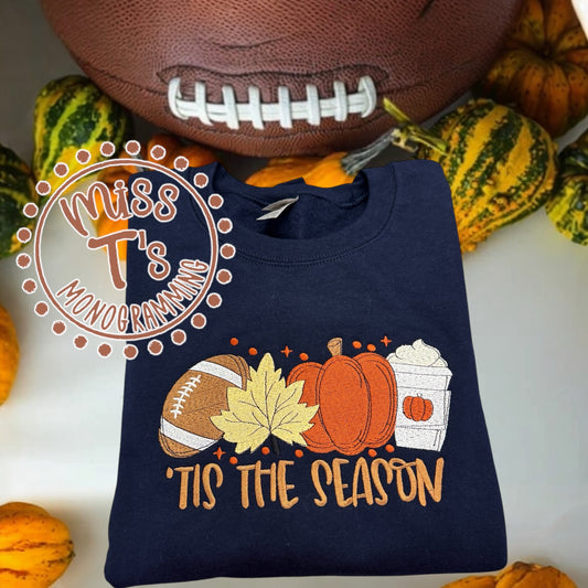 TIS THE SEASON FOOTBALL AND PUMPKINS EMBROIDERED SWEATSHIRT