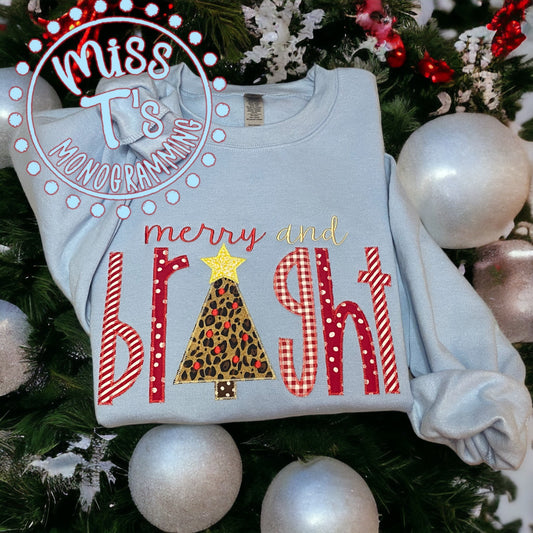 BABY BLUE MERRY AND BRIGHT APPLIQUE CHRISTMAS SWEATSHIRT