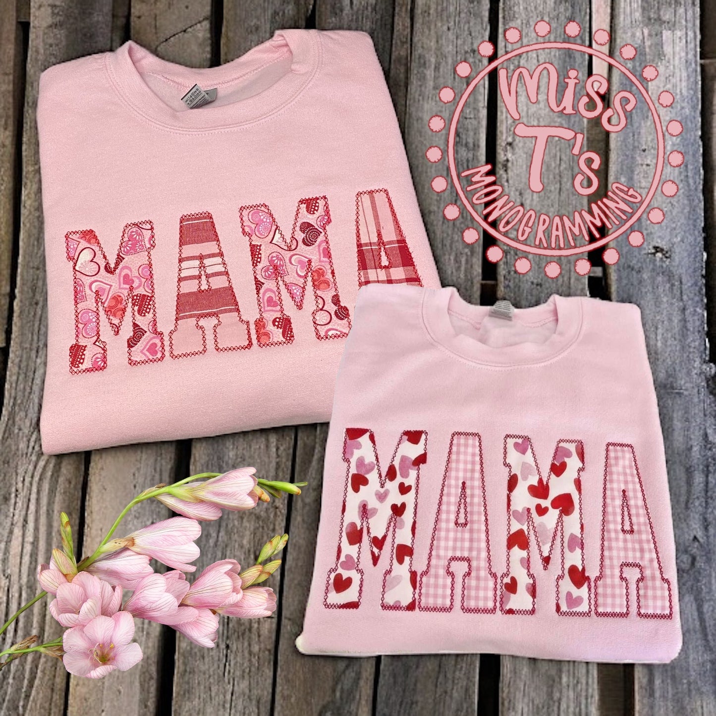 LIGHT PINK VALENTINES FABRIC CUSTOM WORD APPLIQUED SWEATSHIRT