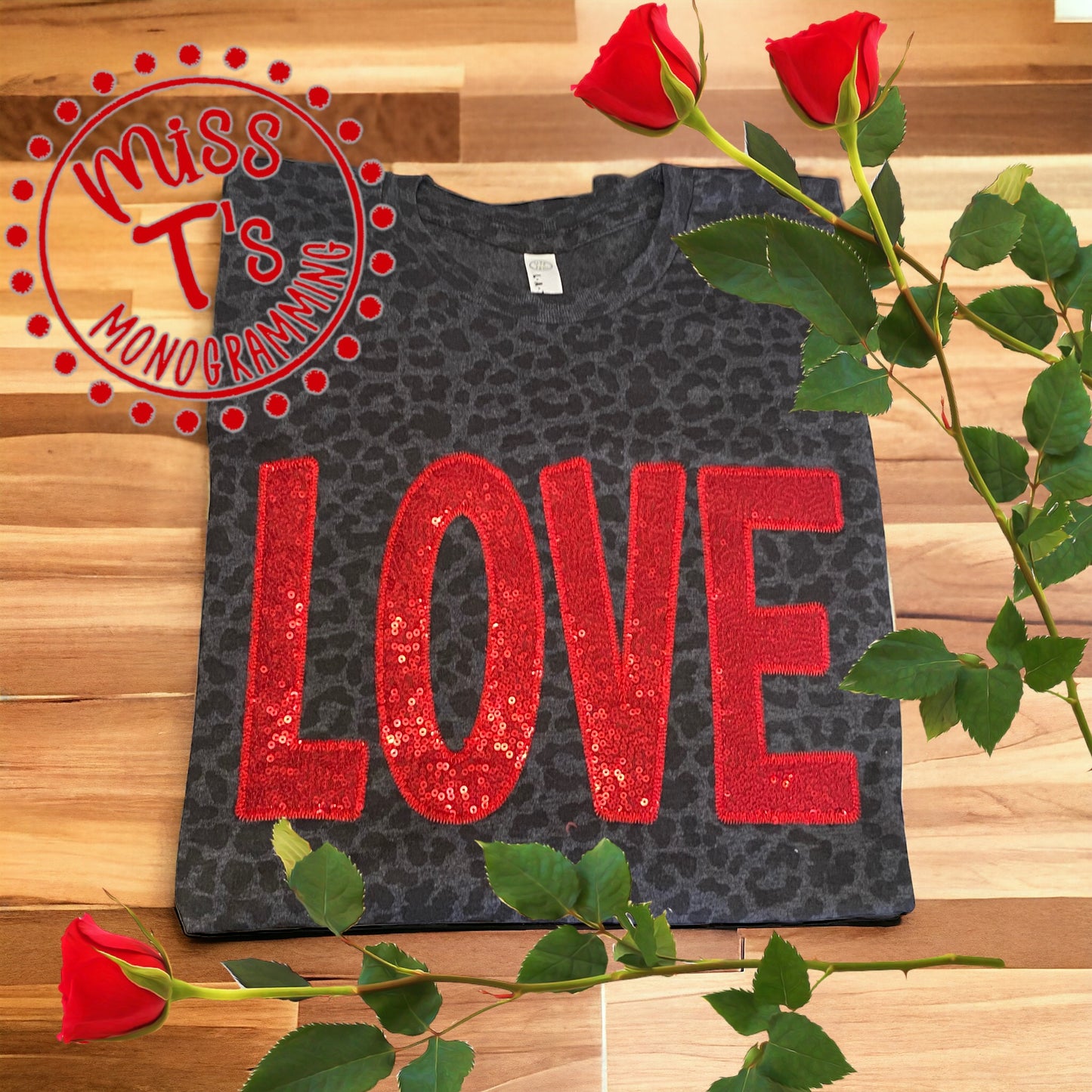 RED SEQUIN LOVE LEOPARD APPLIQUE TEE