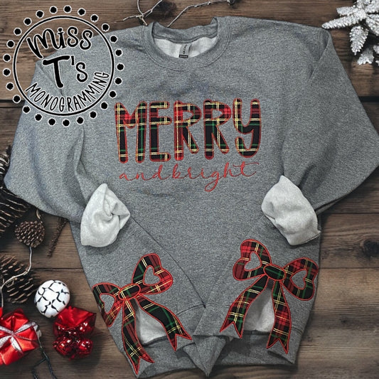 MERRY AND BRIGHT BLACK PLAID APPLIQUE ON GREY SWEATSHIRT -SIDE BOWS