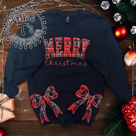 MERRY CHRISTMAS RED PLAID APPLIQUE ON BLACK SWEATSHIRT -SIDE BOWS