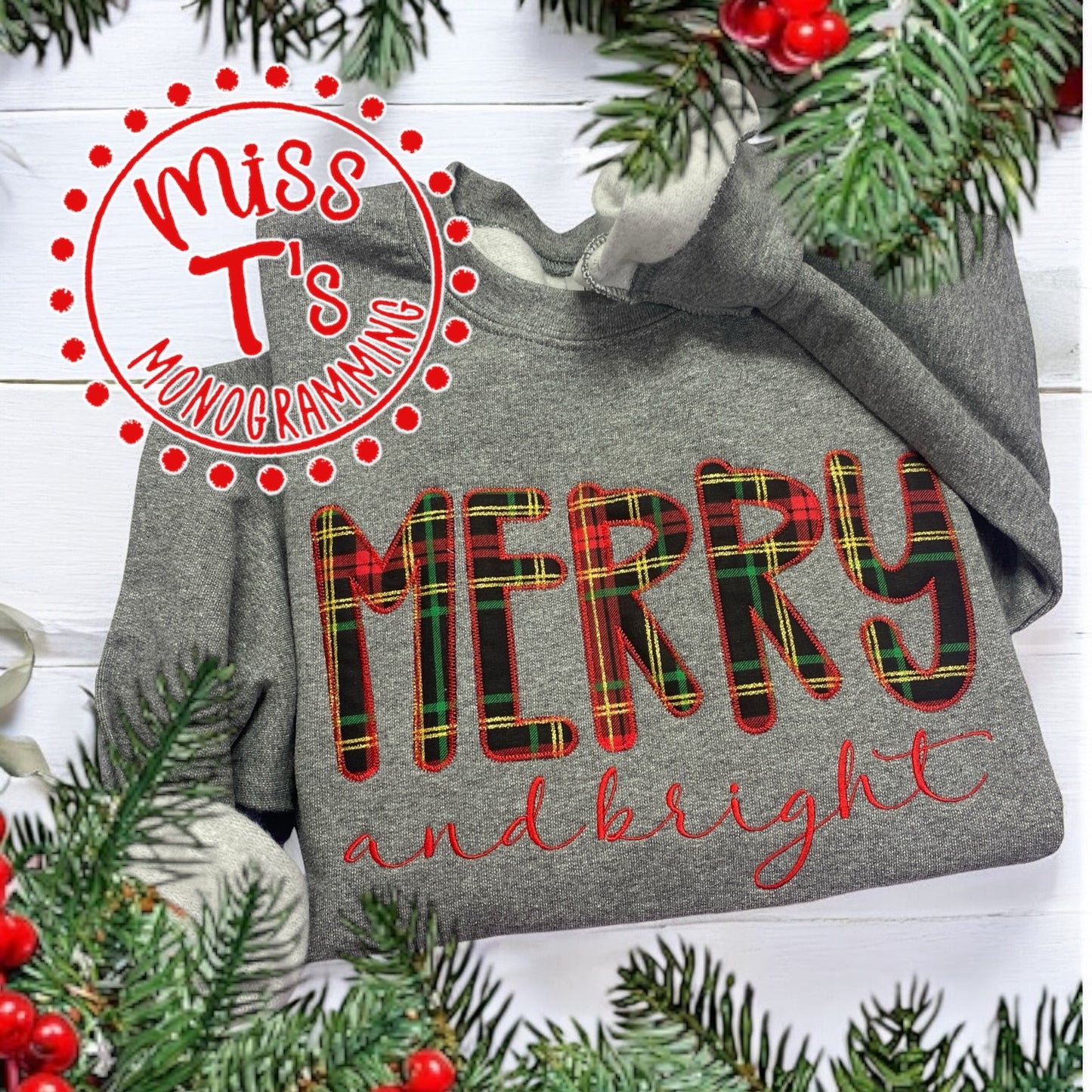 MERRY AND BRIGHT BLACK PLAID APPLIQUE ON GREY SWEATSHIRT -SIDE BOWS