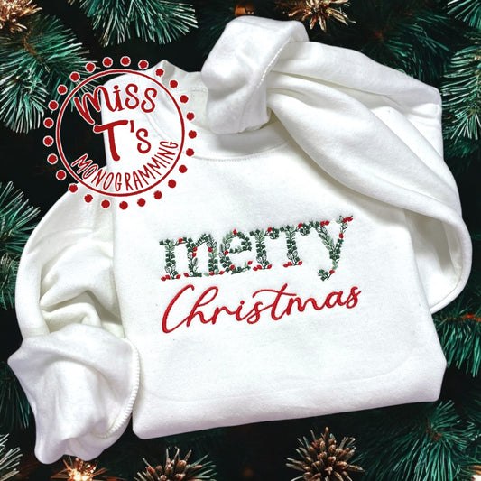 FLORAL MERRY CHRISTMAS EMBROIDERED SWEATSHIRT