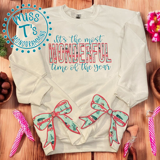 ITS THE MOST WONDERFUL TIME OF THE YEAR APPLIQUED SWEATSHIRT WITH SIDE BOWS