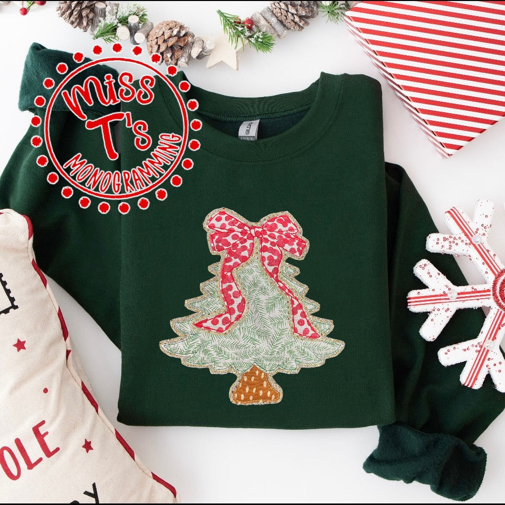 GOLD LINED CHRISTMAS TREE & RED BOW APPLIQUED SWEATSHIRT WITH SIDE BOWS