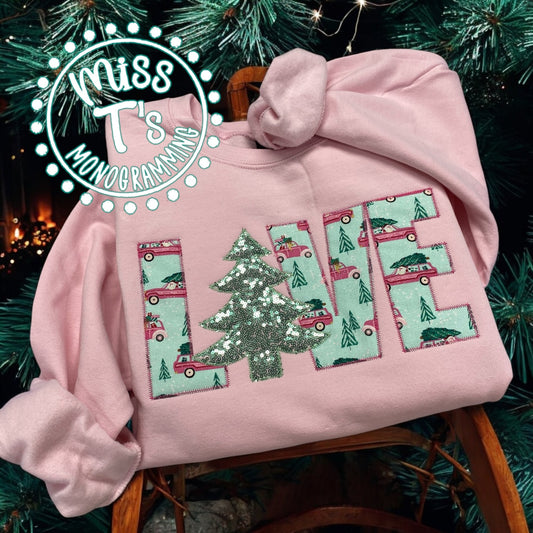 LOVE WITH SEQUIN TREE LIGHT PINK EMBROIDERED SWEATSHIRT