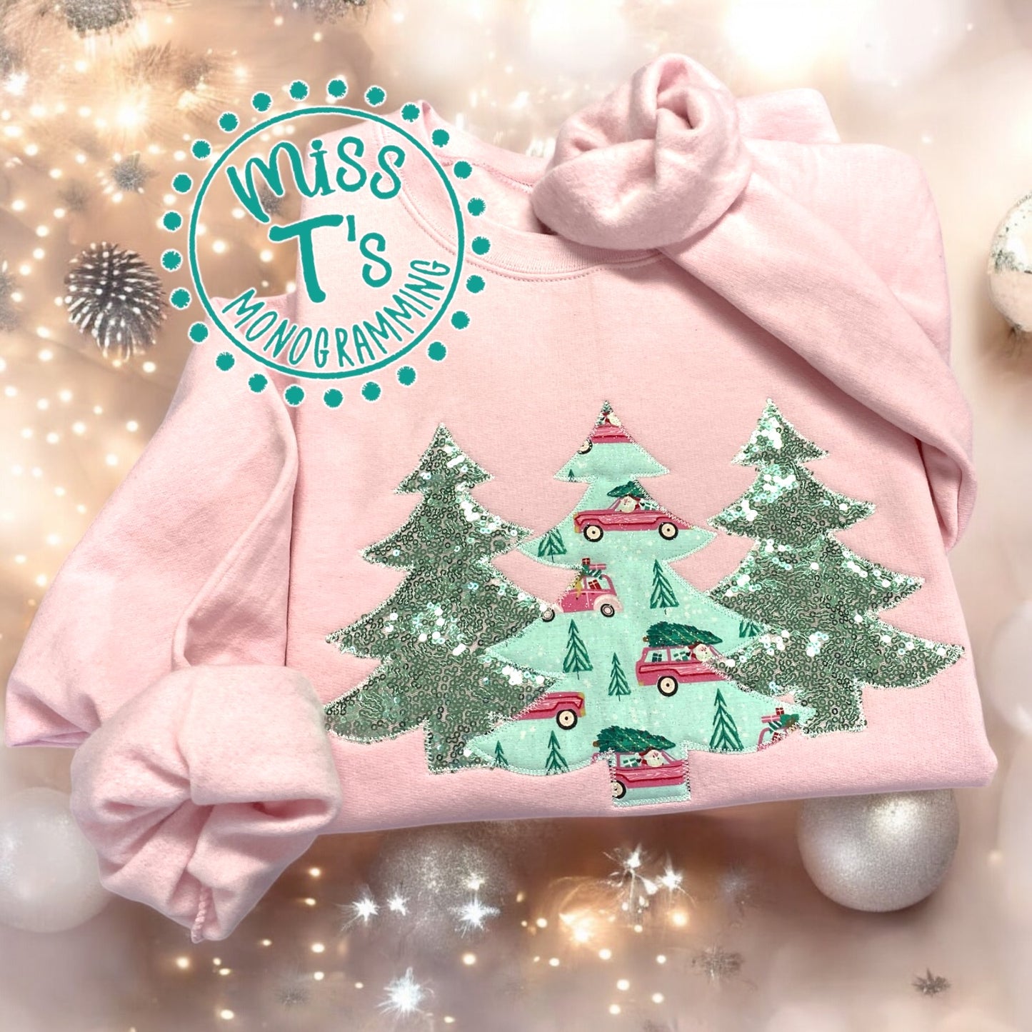 LIGHT PINK SEQUIN TREE TRIO EMBROIDERED SWEATSHIRT