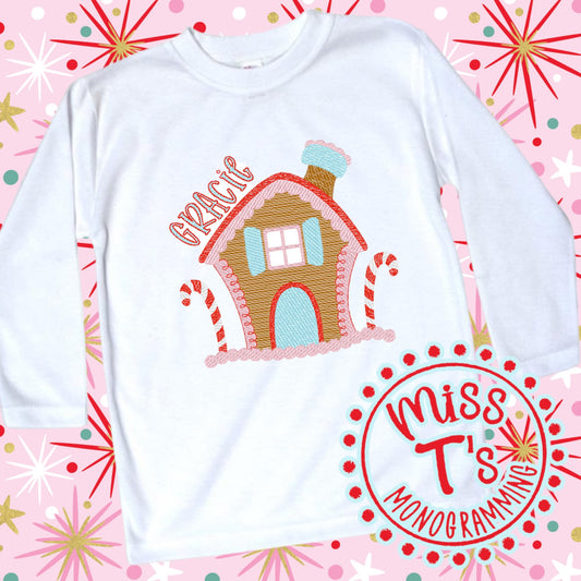 GINGERBREAD HOUSE EMBROIDERED LONGSLEEVE TSHIRT
