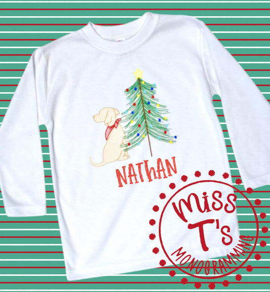 DOG WITH CHRISTMAS TREE EMBROIDERED LONGSLEEVE TSHIRT