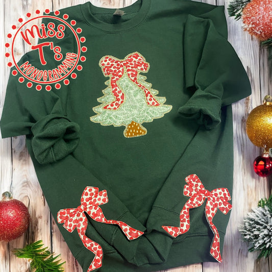 GOLD LINED CHRISTMAS TREE & RED BOW APPLIQUED SWEATSHIRT WITH SIDE BOWS