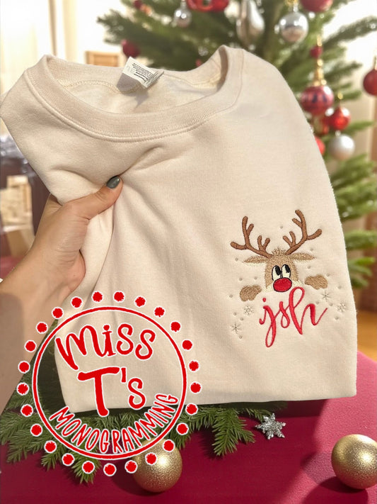 REINDEER PEEKING MONOGRAM EMBROIDERED SWEATSHIRT