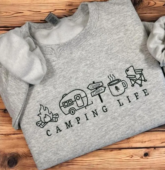CAMPING LIFE ICONS EMBROIDERED TSHIRT OR SWEATSHIRT