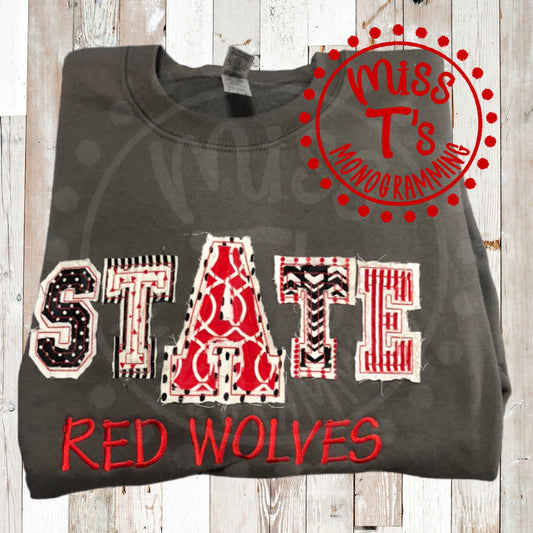 RTS:---MED-CHARCOAL---A STATE RED WOLVES- RAGGY DOUBLE APPLIQUE SWEATSHIRTS